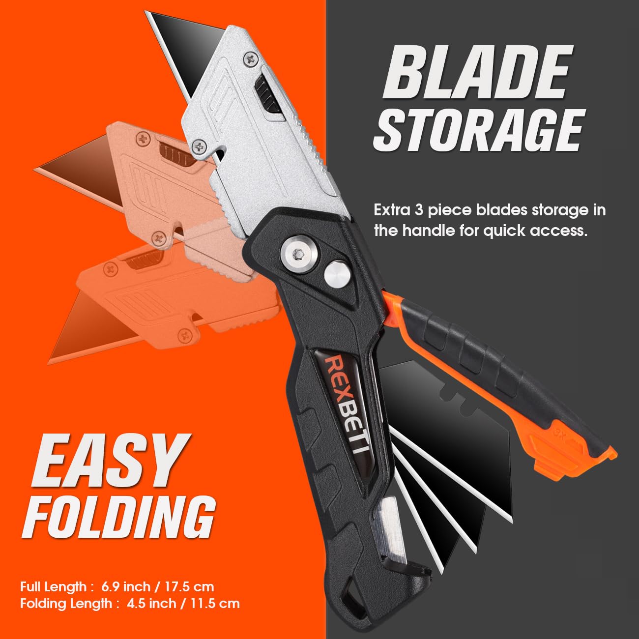 REXBETI 6 Pack Retractable Folding Utility Knife, SK5 Heavy Duty Box Cutter for Cartons, Cardboard and Boxes, Blade Storage Design, Extra 20 Blades Included