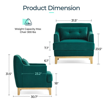 LINSY Large Accent Chair Set of 2, Velvet Reading Chair with Rubberwood Base, Armchair with Lumbar Pillow, Cozy Single Sofa Chair for Reading Room Apartment Living Room Bedroom Office, Green