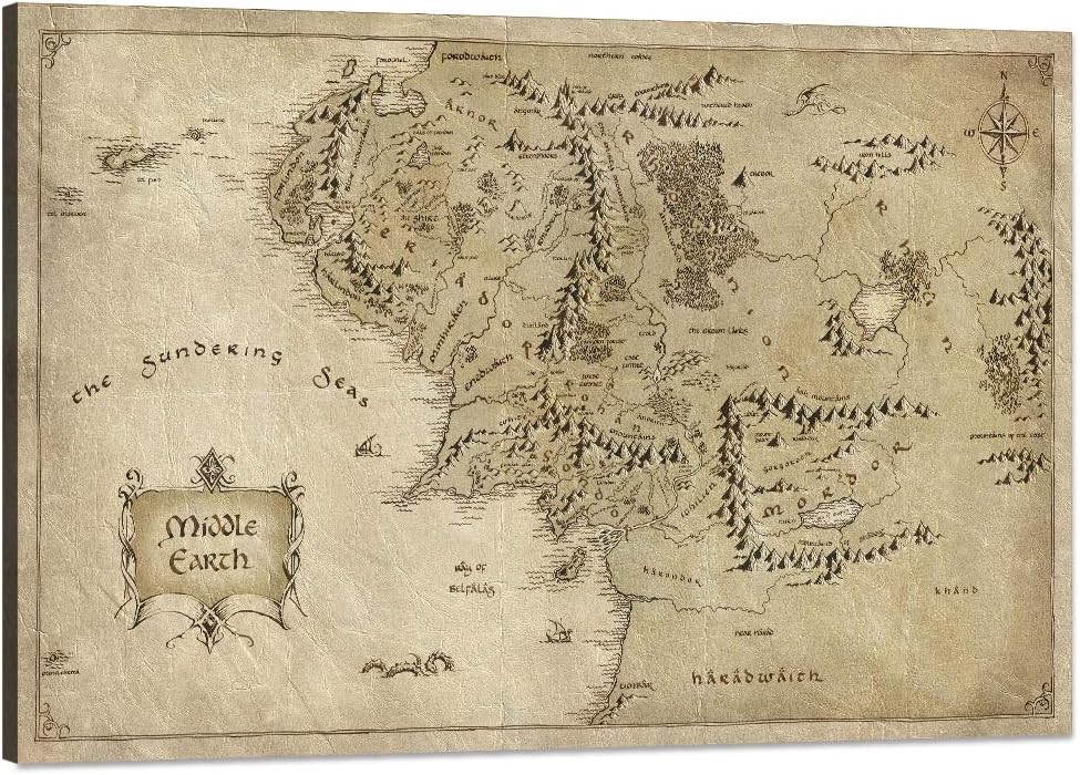 Vinatge Wall Art Picture Canvas Painting Map of Middle Earth by Yatsen Bridge, HD Print, 12" Hx16" W