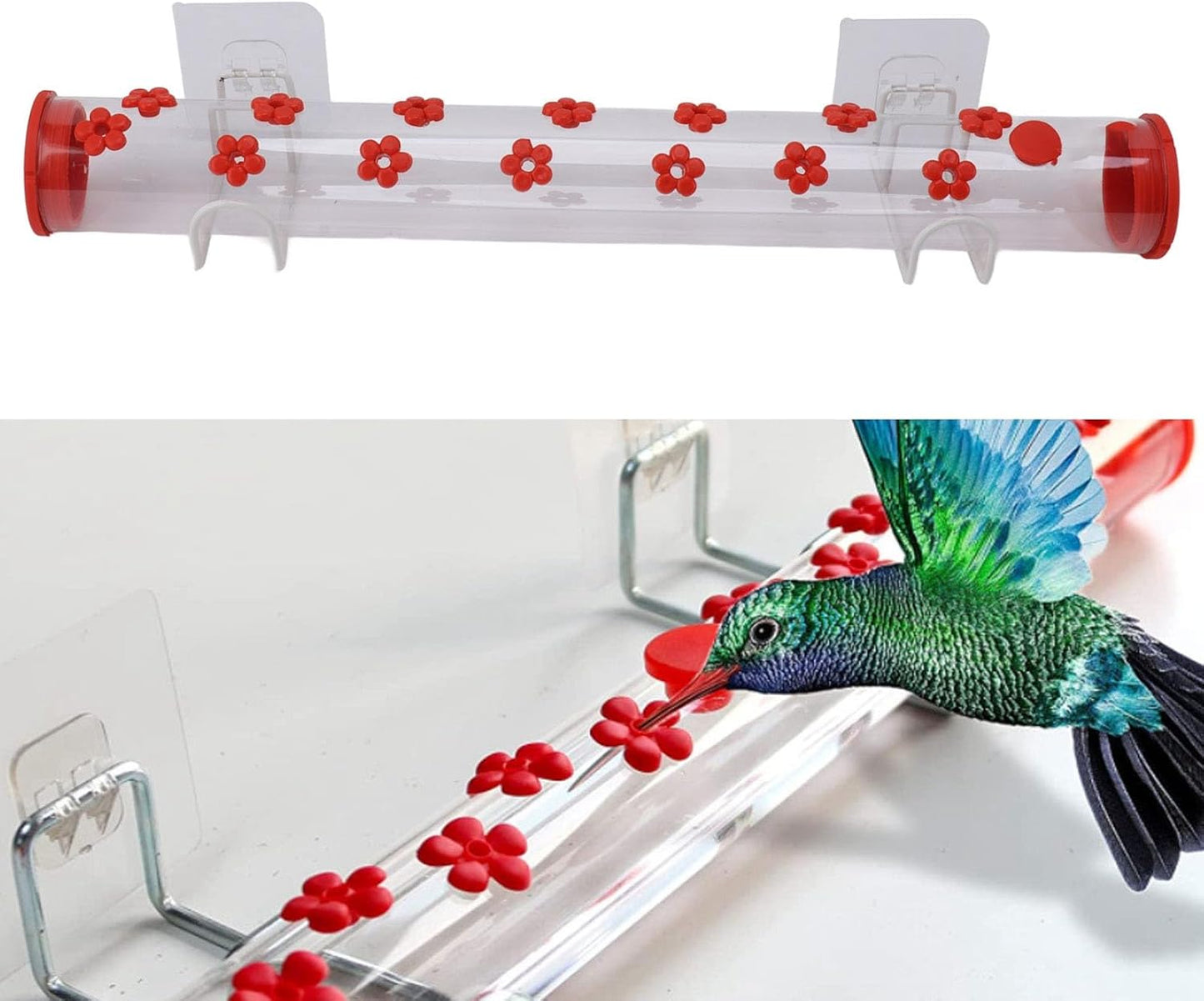 Window Hummingbird Feeder, Clear Acrylic Tube Feeder with 14 Flower Feeding Ports and Strong Suction Cup