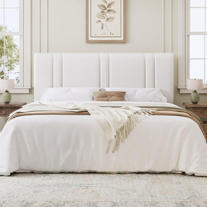 SHA CERLIN King Size Platform Bed Frame, Velvet Upholstered Bed with Adjustable Headboard, Vertical Channel Tufted Design, Sturdy Wood Slat Support, No Box Spring Needed, Easy Assembly, White