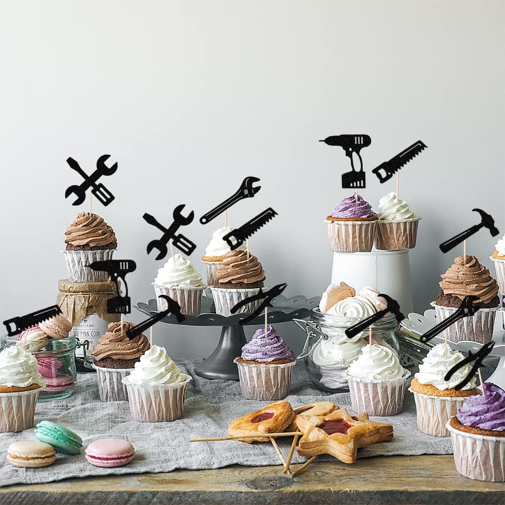 24PCS Tools Cupcake Topper, Construction Tools Cake Decorating for Boys & Men Birthday Party