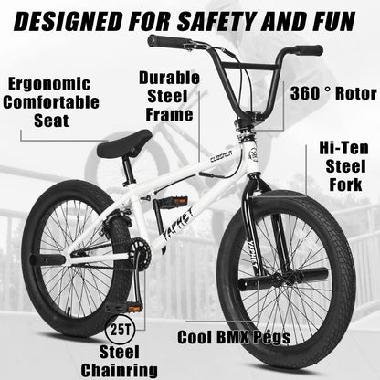 cubsala Freestyle BMX Bike, 20 Inch Yaphet Bicycle for Teen Beginner Adult Riders, Bike with 360° Rotating Handlebar and 4 pegs, Whtie