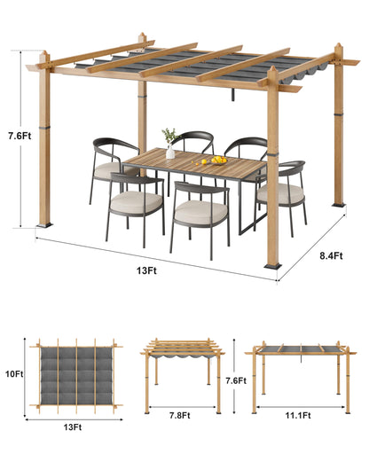Garvee 10x13 ft Outdoor Pergola with Retractable Canopy – Upgraded Aluminum Faux Wood Grain Metal Patio Pergola for Modern Backyard Deck, Porch, Grape Trellis in Grey