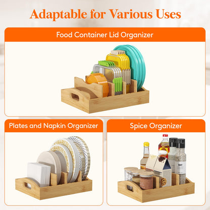 Lifewit Bamboo Lid Organizers for Inside Cabinet, Food Storage Container Lid Holder with 4 adjustable Inserts & 5 Sections, Kitchen Pantry organizer and storage, 10.6" X 8.3"