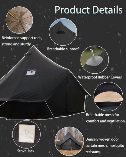 Kanggogo Canvas Tent,Bell Tent Yurt with Stove Jacks,Luxury Glamping Tent,Zipped Removable Floor for Glamping Truck Car Camping,Breathable/Windproof/Family Camping All Year Living 4/5person(Black-13')