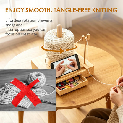 Portable Multi-Functional Wooden Yarn Spool Rotator with Phone Holder, Detachable Yarn Spool Box and Crochet Accessory Storage Box, Designed for Knitting Enthusiasts. (Original Wood Style)