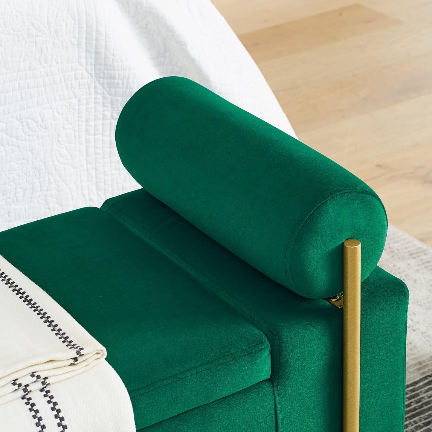 KEIKI Linen Ottoman Bench with Storage & Cylindrical Armrest, Upholstered Seating Foot Rest Stool Furniture for Bedroom, Living Room, Entryway, Green