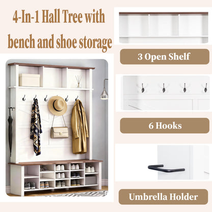 Farmhouse Hall Tree with Bench and Shoe Storage, 4-in-1 Entryway Coat Rack with 6 Hooks, 16-Cube Open Shelves & Adjustable Shelf, Wooden Entry Way Bench with Shoe Storage for Mudroom, Living Room