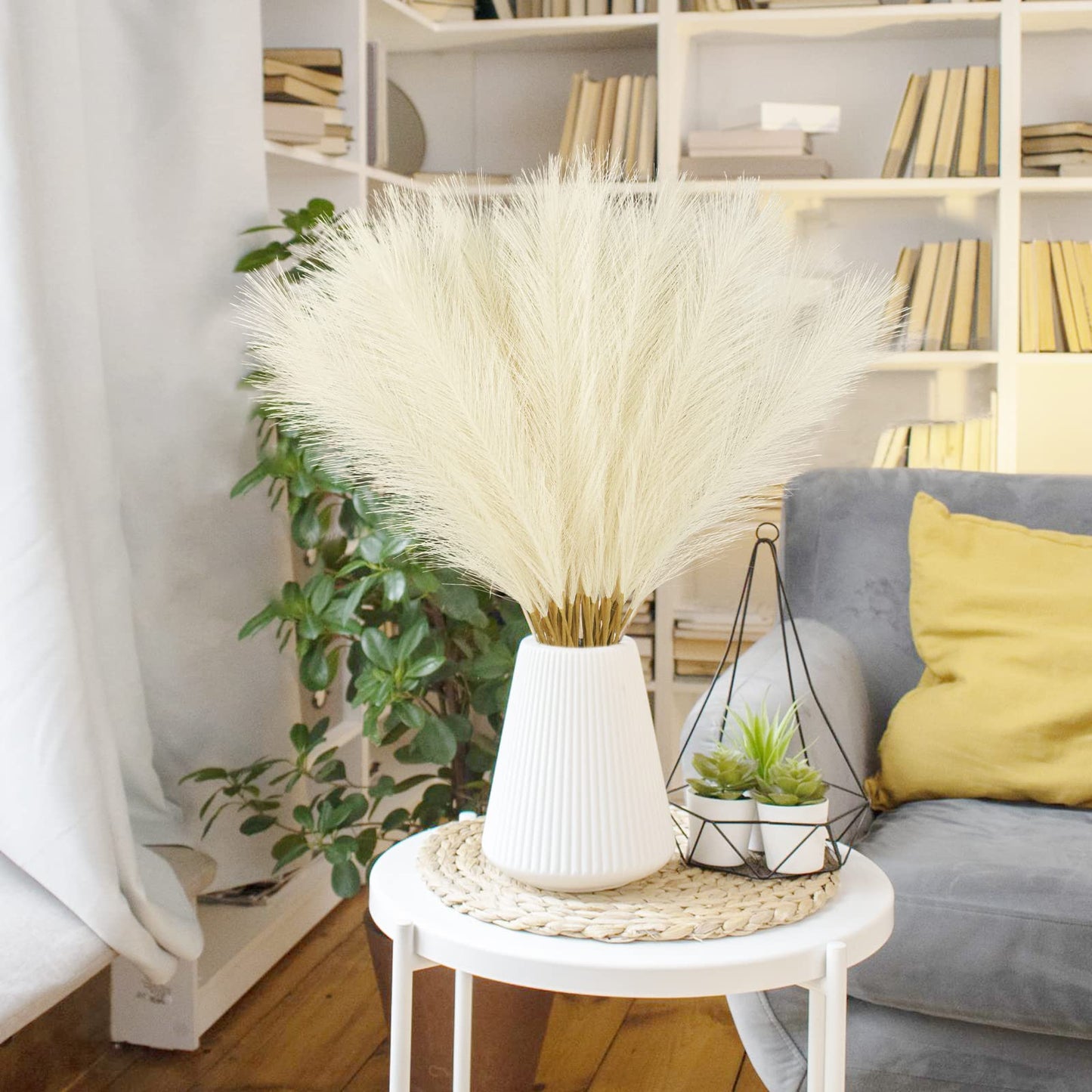 obbsie 50PCS Faux Pampas Grass, 21.6" Short Artificial Pompous Grass Floral Fake Pompas Grass Branches Vase Filler Flower Arrangement for Home Wedding Boho Decor, Beige