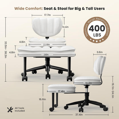 HOMRELEXA Extra-Wide & Tall Cross-Legged Office Chair – Deeply-Padded Cloud Seat, Ergonomic Back Support, Adjustable Height for ADHD & Meditation, White