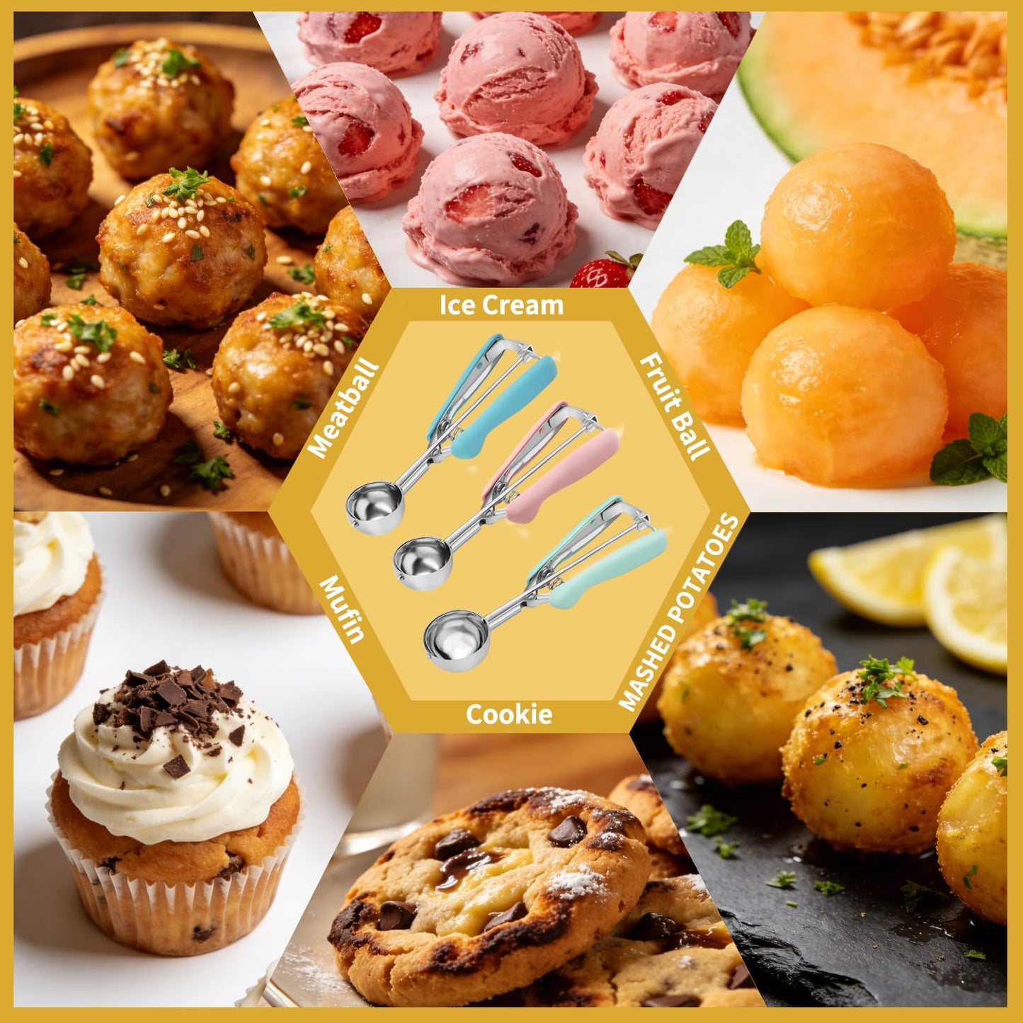 Cookie Scoop Set of 3, 18/8 Stainless Steel Cookie Dough Scoops with Blue, Pink & Green Color-Coded Grips, Small/Medium/Large (#60, #40, #20) Portion Scooper for Baking, Cupcakes & Ice Cream
