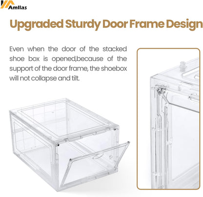 Amllas Clear Shoe Storage Boxes - Stackable & Sturdy Containers for Closet | Fits Up to US Size 12 (13.8”x 9.84”x 7.1”)
