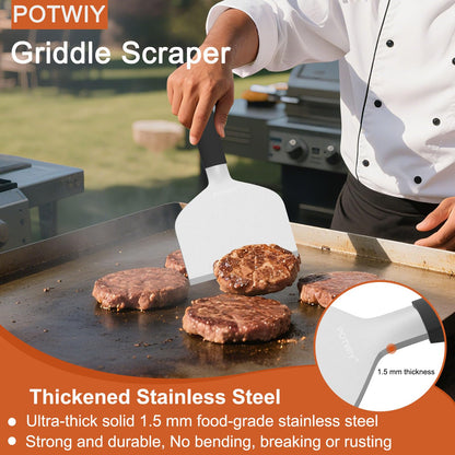 POTWIY Heavy Duty Griddle Scraper, 5.3" Wide, Sharp Stainless Steel Scraper with Full Tang Silicone Handle, Great BBQ Cleaning Tool for Flat Top Grill & Griddle Cleaning Accessories (1 Pack, Large)