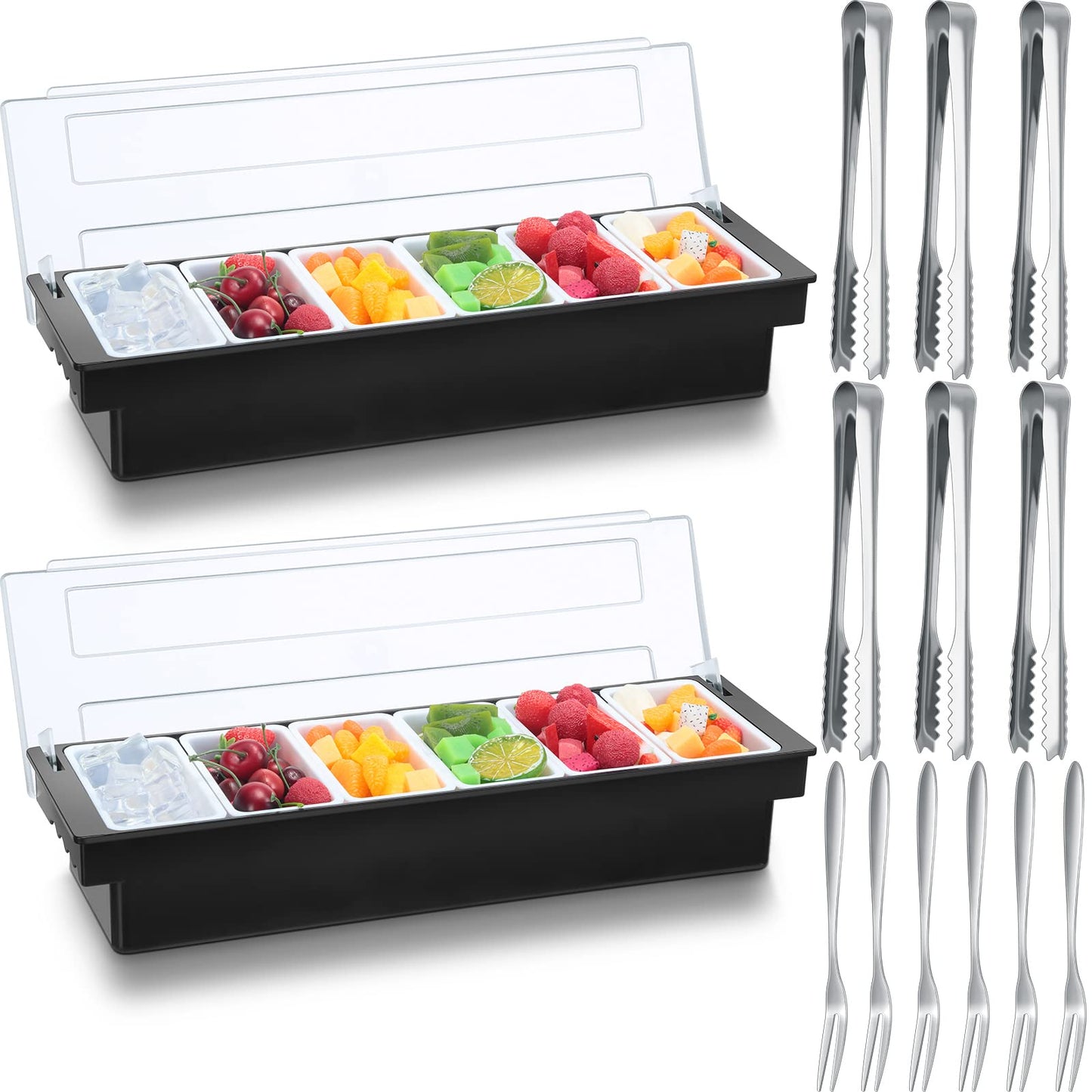 Gandeer 2 Ice Cooled Garnish Tray Deck Bar Garnish Caddy Condiment Containers with Lids and Removable Chilled Condiment Server with 6 Tongs and 6 Fruit Forks (6 Compartments)