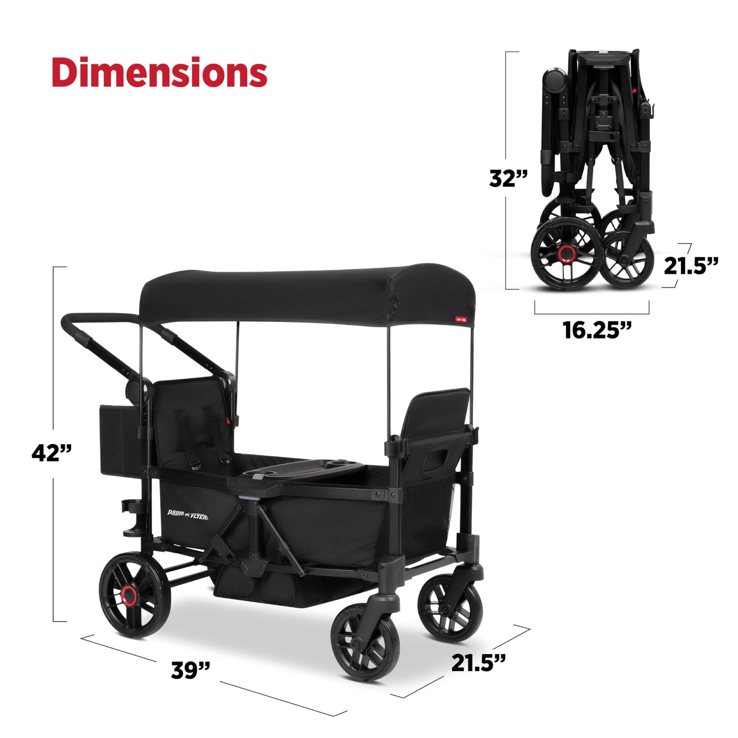 Radio Flyer Voya 2.0 2-Seat Stroller Wagon, for Kids 6+ Months, Lightweight, Compact, Foldable, UV Canopy, Included Storage, Seats Convert to Flatbed, Stroller Wagon for Kids