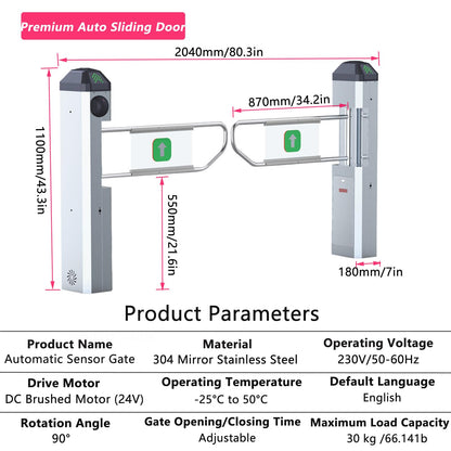 Jiayiyoux Public Entrance Automatic Turnstile with Radar Sensing, Automatic Swing Gate, 90° Swing Gate for Stores, Featuring Reverse Alarms & LED Indicators,Black