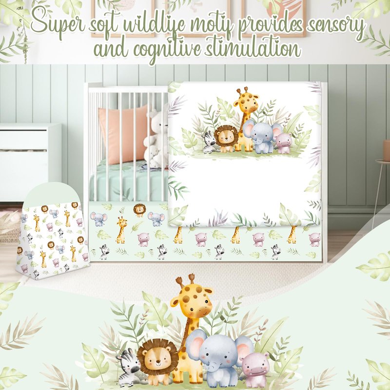 Hahafelt 4 Pieces Baby Crib Bedding Set for Girls and Boys, Soft Baby Bedding Set Including Crib Skirt, Comforter, Sheet and Diaper Stacker for Nursery (Wildlife Theme)