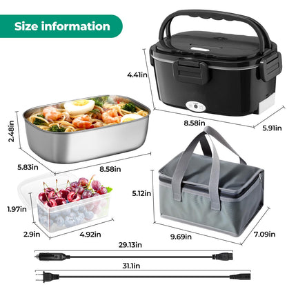 Vidaskeci Electric Lunch Box For Adults, 80W 1.5L Electric Heated Lunch Box Portable Food Warmer for Adults, 12V/24V/110V Car Truck Office Home, Leakproof 304 Stainless Steel Plug in Lunch Heater