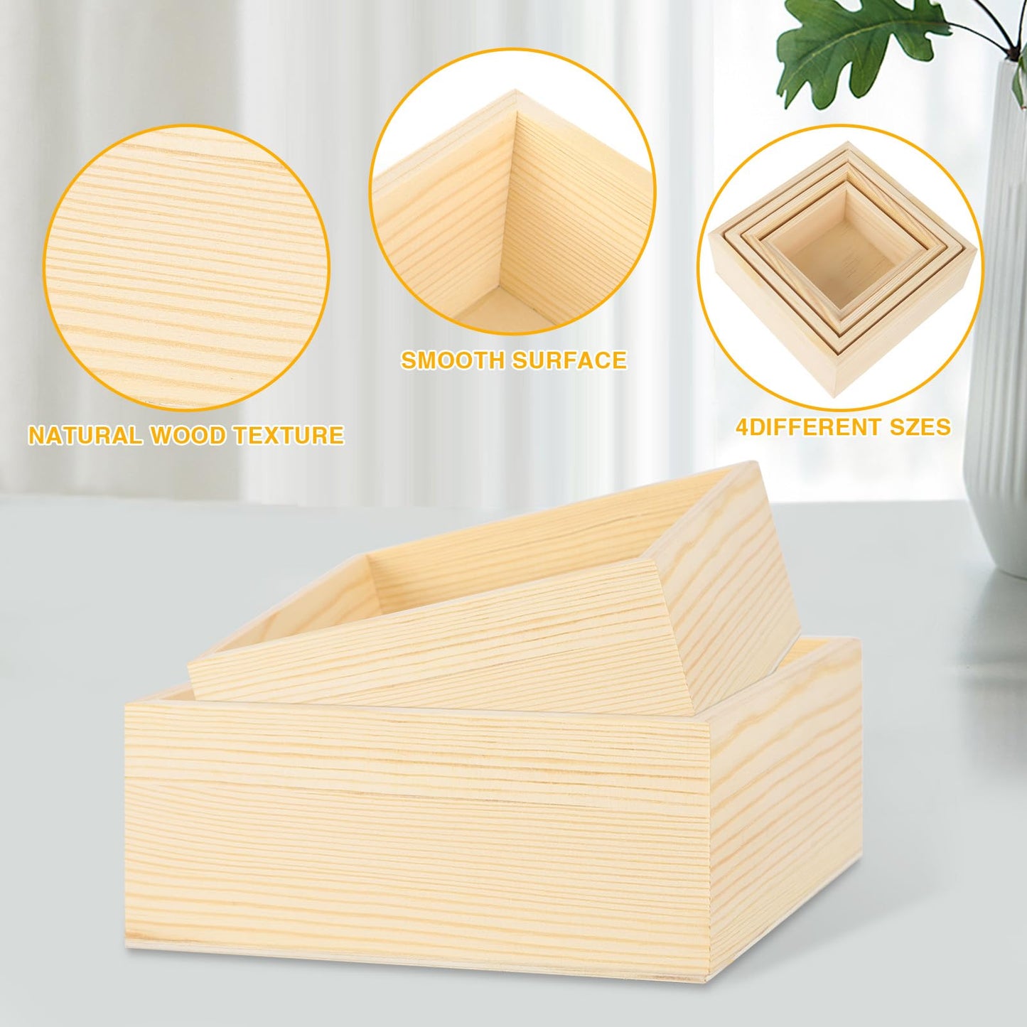 DISWALE 16 Pcs Unfinished Wooden Boxes, 4 Sizes Wood Crates for Crafts, Rustic Square Storage Centerpiece for Table, Home Drawer Decor, Treasure Box, 6.3x6.3, 5.5x5.5, 4.7x4.7, 4x4 Inch