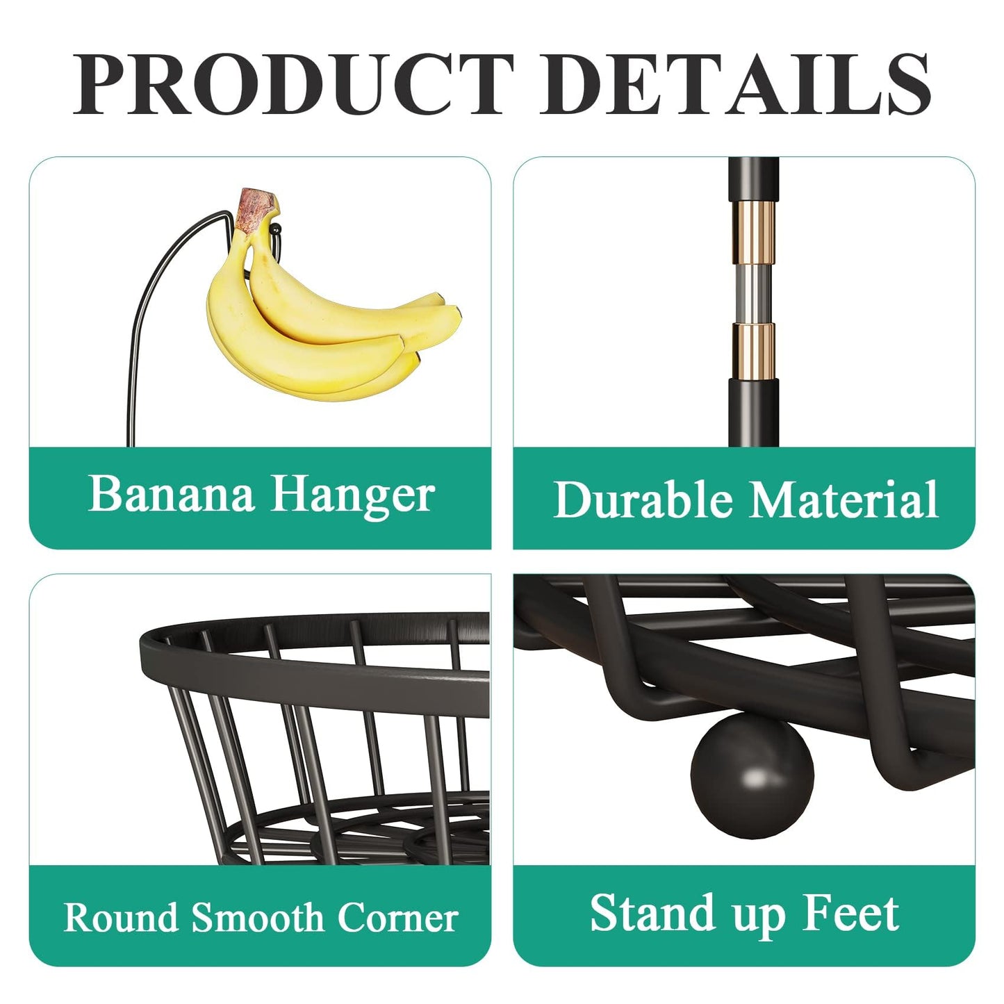 SAYZH 2-Tier Fruit Basket Bowl Stackable Vegetable Storage with Banana Tree Hanger Stand for Kitchen Countertop, Metal Wire Basket for Bread Onions Potatoes Black