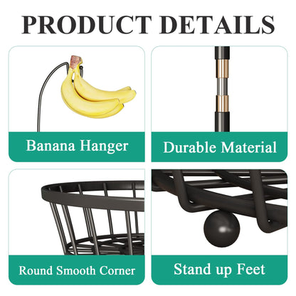 SAYZH 2-Tier Fruit Basket Bowl Stackable Vegetable Storage with Banana Tree Hanger Stand for Kitchen Countertop, Metal Wire Basket for Bread Onions Potatoes Black