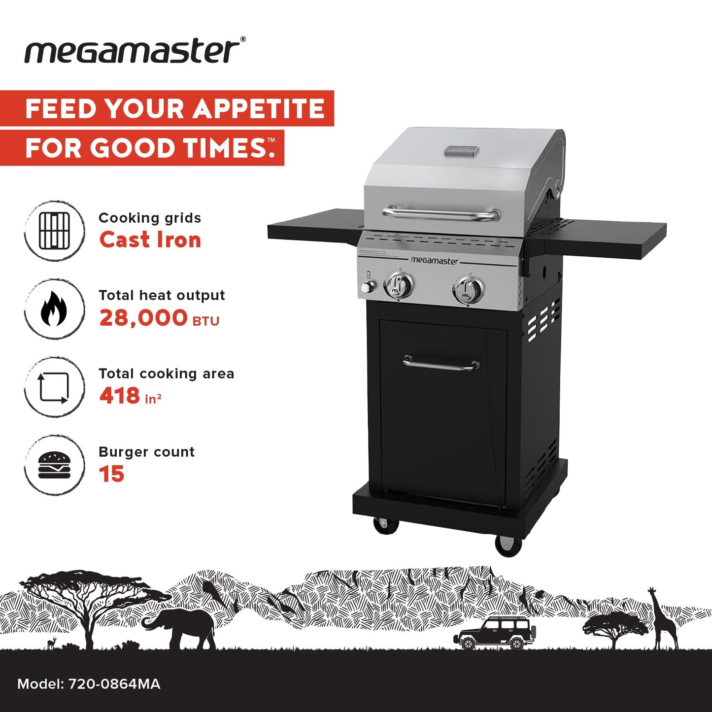 Megamaster Deluxe 2-Burner Gas Grill with Foldable Side Tables, 418 SQ In Cooking Space, 28000 BTUs, Stainless Steel Lid, Propane BBQ Grill for Outdoor Cooking, Patios, Backyards and More - 720-0864MA