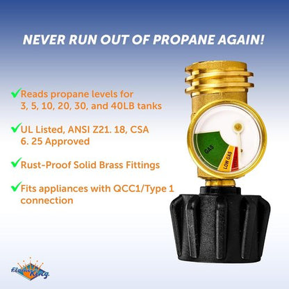 Flame King Propane Tank Gauge - Color-Coded Leak Detector & Pressure Meter | Universal Fit for BBQ, RV, Heater