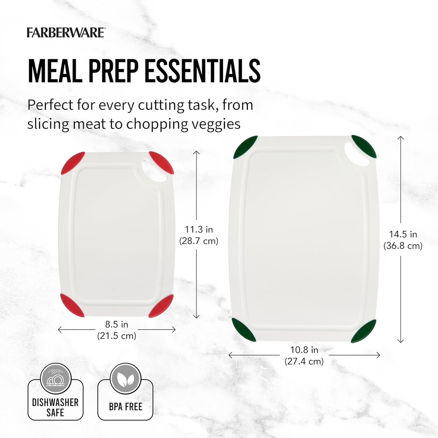 FARBERWARE Cutting Board Set, Made from Recycled PET with Non-Slip Edges, Durable & Dishwasher Safe, 2-Piece