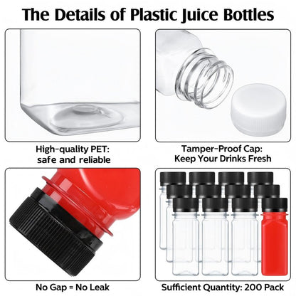 Sliner 200 Pcs 2oz Small Plastic Juice Bottles Ginger Juice Bottle with Lids Liquid Vial Reusable Clear Beverage Container with Lid, Freezer Safe, Leak Proof for Milk, Water(Black Lid)