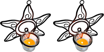Set 2 Lilys Home Southwestern Sun Decorative Votive Candle Tea Light Wall Mount Sconces, Black Steel, with Clear Glass