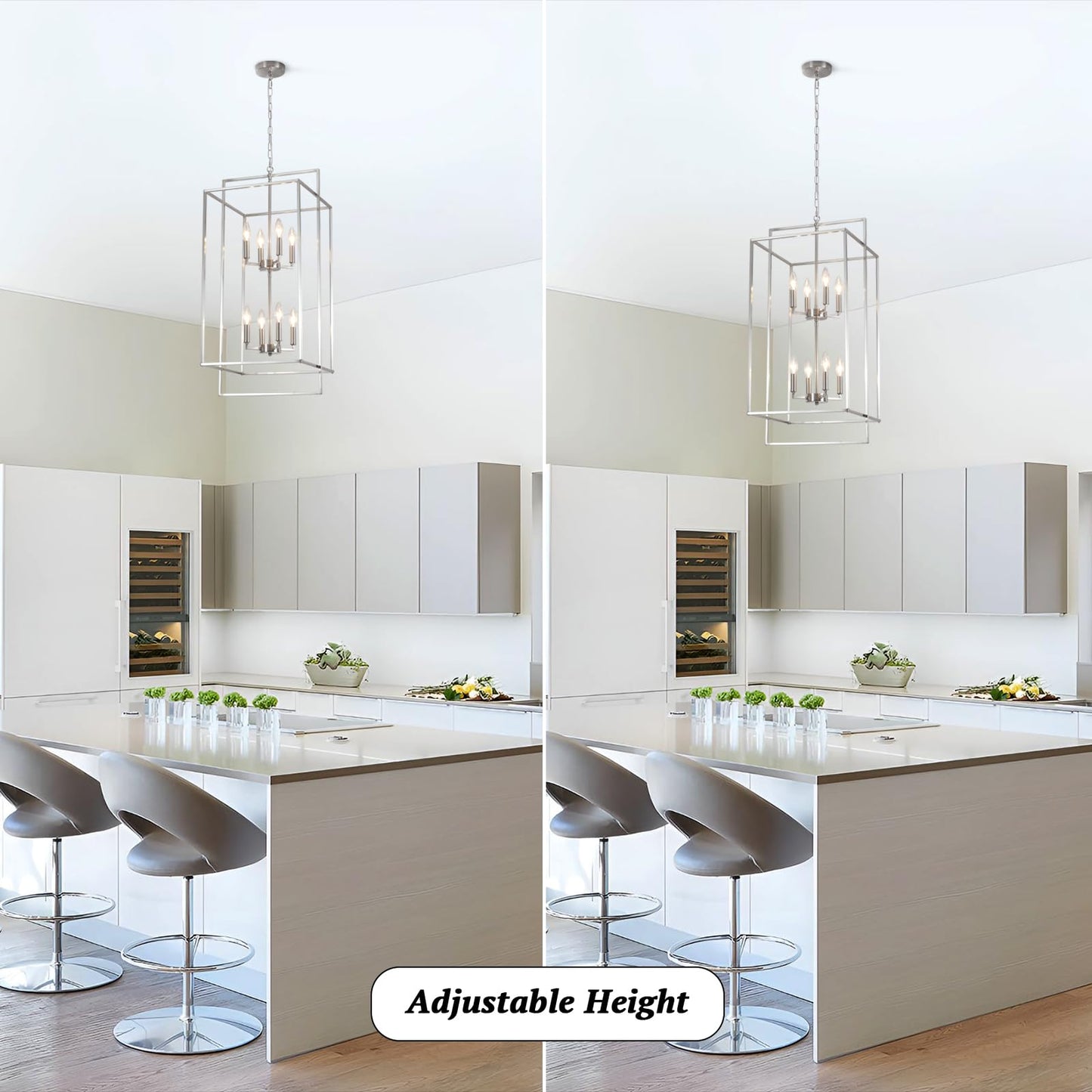 QAREHL High Ceiling Chandeliers for Foyer Brushed Nickel Chandelier for Entryway Modern Farmhouse 15.74’’ in Metal 8 Light Lantern Tiered Pendant Light for Dining Room Kitchen Island Hallway Stairway