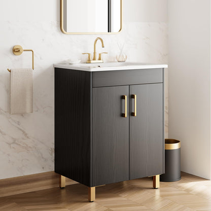 phiestina 24 Inch Fully Pre-Assembled Black Bathroom Vanity with Single Ceramic Countertop Sink Combo, 2 Soft Close Doors Bathroom Cabinet Set, Faucet Not Included, BV01-BLACK-JH
