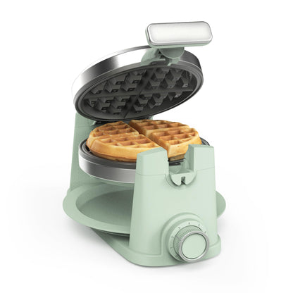 Martha Stewart Rotating Waffle Maker, 180° Flip Iron with PFAS-Free Nonstick Plates, Adjustable Timer, Ready Light, Drip Tray, Space Saving, Classic Round 7”, Easy to Clean, Stainless Steel, Honeydew