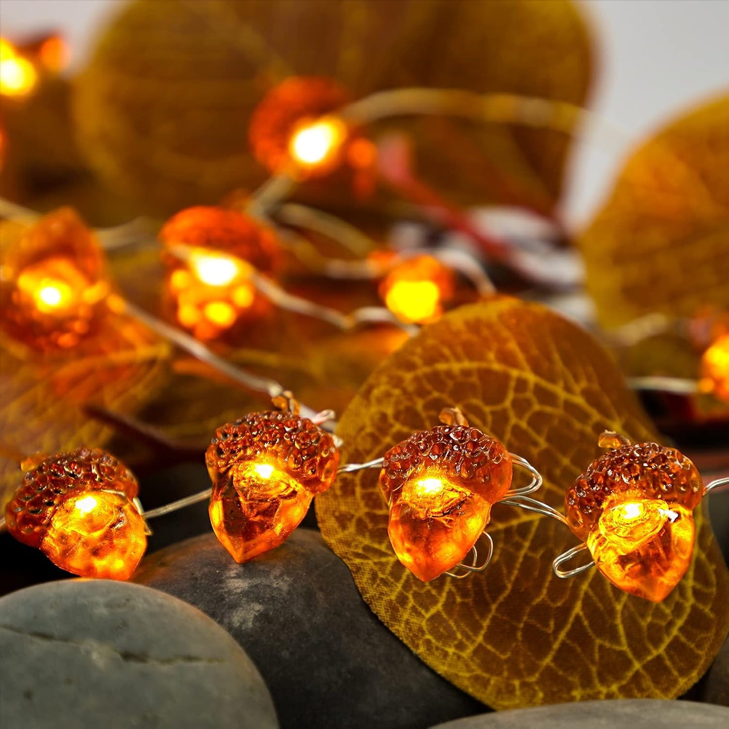 Impress Life Thanksgiving Acorn String Lights - 10ft Silver Wire 40 LED Battery Powered with Remote Timer