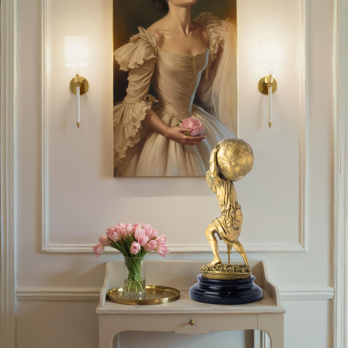 R REALONG Gloden Bronze Atlas Sculpture with Marble Base – 13.4" Tall Handcrafted Titan Atlas Carrying Globe Figurine, Lost-Wax Cast Bronze Art Decor for Home, Office & Collectors