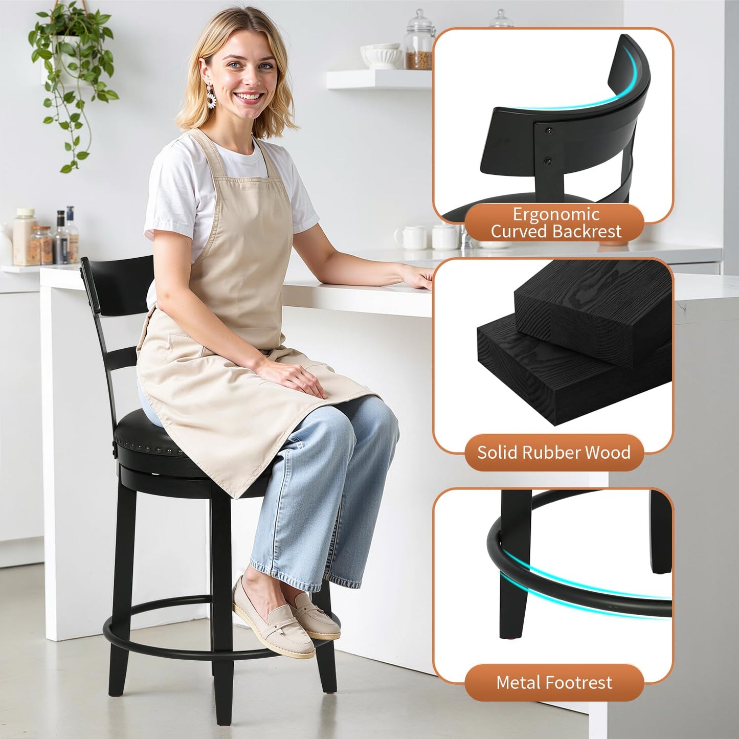 FDW Swivel Counter Height Bar Stools Set of 2 with Back, 24 Inch Upholstered Bar Stools, 360° Swivel Seat with Footrest, Black