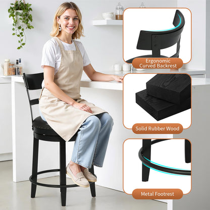 FDW Swivel Counter Height Bar Stools Set of 2 with Back, 24 Inch Upholstered Bar Stools, 360° Swivel Seat with Footrest, Black