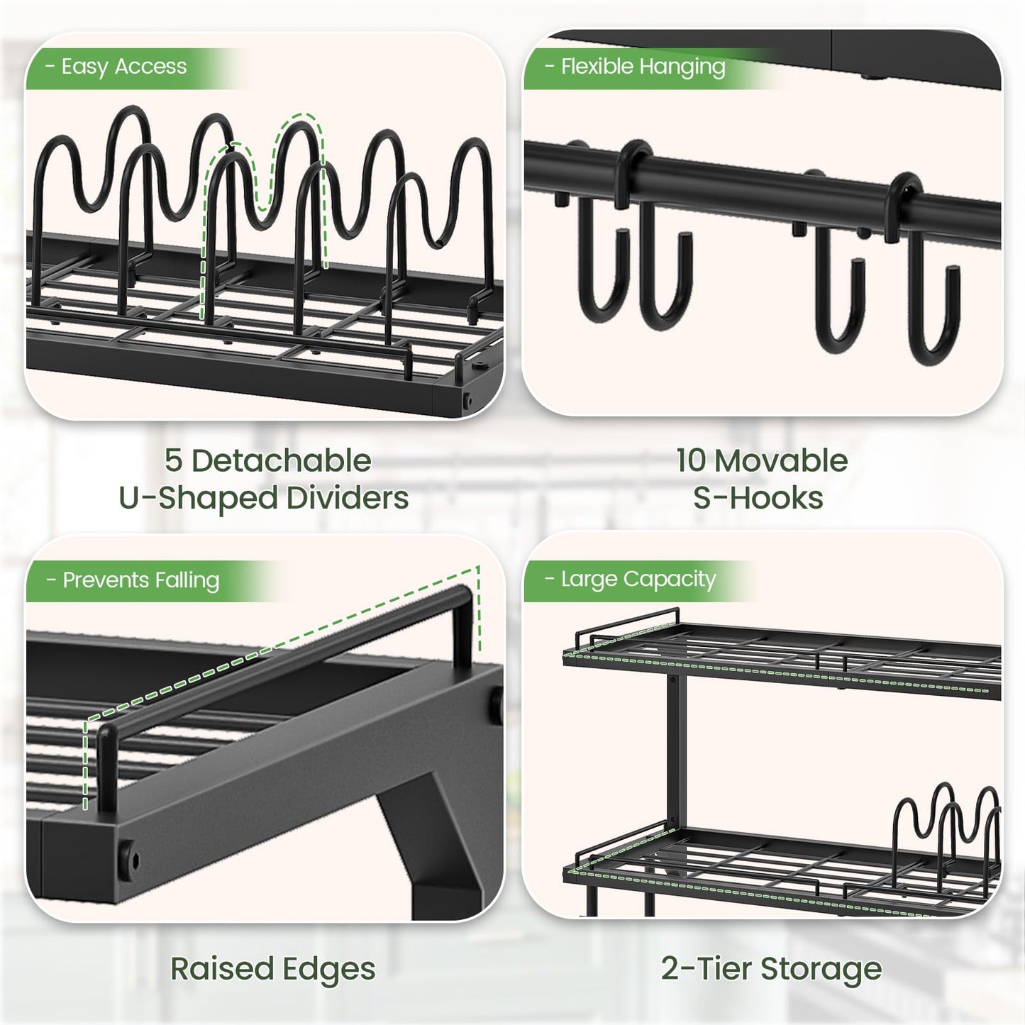 CHOEZON Pot Rack, Wall Mounted Pan Holder, 2-Tier Pot and Pan Organizer, Pot Hanger with 10 S-Shaped Hooks, Cookware Organizer with 5 Removable Metal Wire Dividers, Black TPR35BB