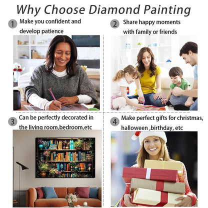 Ohhvvow 5D Bookshelf & Blooms Large Diamond Art Kit for Adults, 27.5x15.7 Inch Cozy Library Diamond Painting with Books & Flowers, DIY Full Drill Gem Craft Kits, Gift for Book Lovers & Beginners