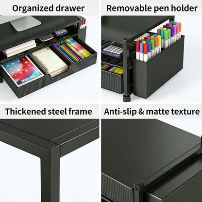 ECOLOVI Desk Organizer and Accessories, 2-Tier Computer Monitor Stand Rise with Storage Drawer & 2 Pen Holders, Laptop & Printer Stand for Desktop, Workspace Organizers for Office Supplies (Black)