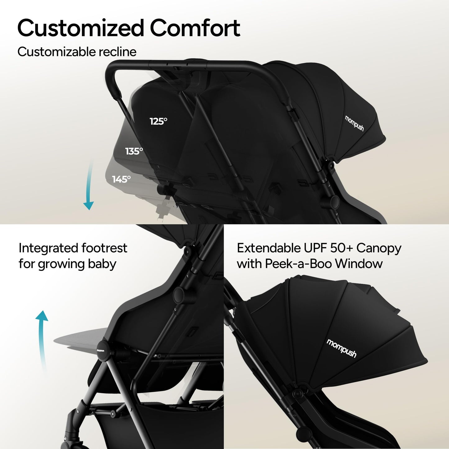 Mompush Lithe Double Stroller for Infant and Toddler, Lightweight Side by Side Twin Stroller, Only 25 lbs, 30-Inch Slim Fit Through Doorways, One-Step Fold, Independent Recline, UPF 50+ Canopy