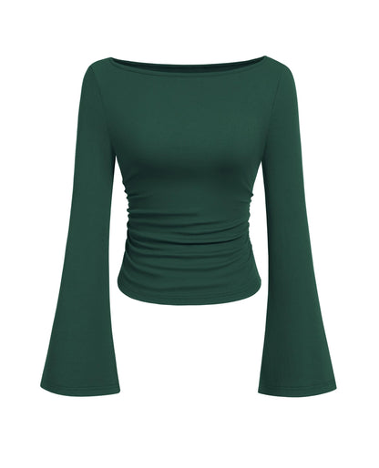 PRETTYGARDEN Women's Long Sleeve Shirts 2025 Fall Crop Going Out Tops Casual Boat Neck Bell Sleeve Ribbed Ruched Y2K Clothes