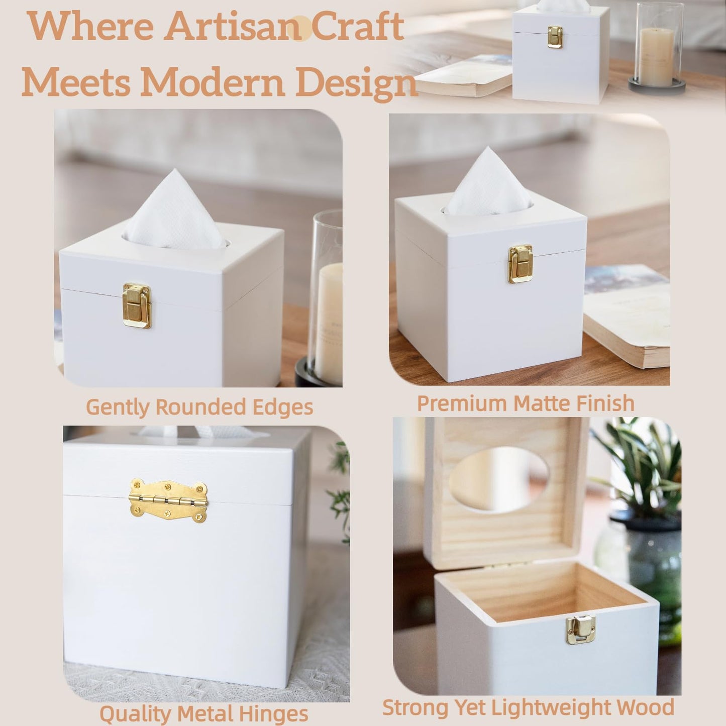 White Square Tissue Box Cover with Metal Switch, Tissue Box Holder with Lid, Solid Wood Countertop Bathroom Accessories, Office Decor, Home Decor for Bathroom Room