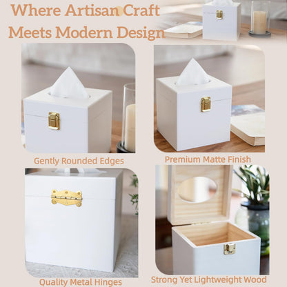 White Square Tissue Box Cover with Metal Switch, Tissue Box Holder with Lid, Solid Wood Countertop Bathroom Accessories, Office Decor, Home Decor for Bathroom Room