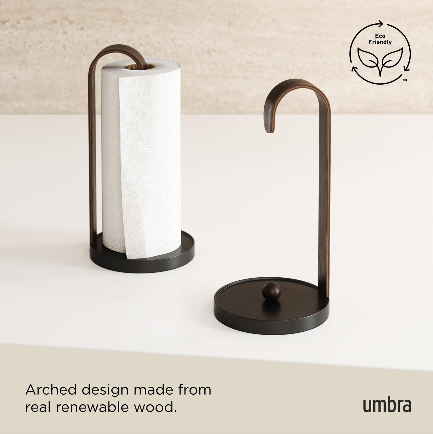 Umbra Bellwood Paper Towel Holder for Kitchen Countertop, with Real Wood Stand and Weighted Metal Base, Black/Walnut