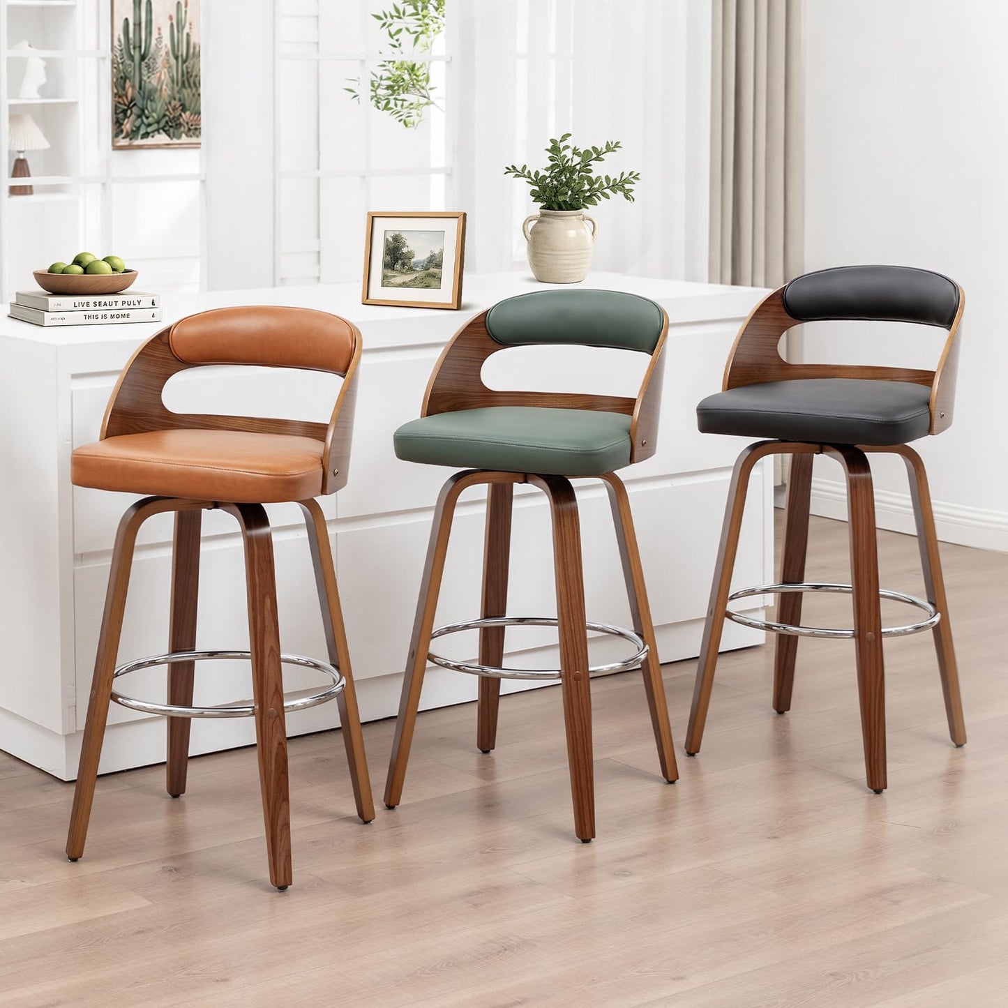Mid Century Modern Counter Height Bar Stools Set of 2, 360° Swivel Counter Stools with Bentwood Walnut Frame, Upholstered Faux Leather Seat, Curved Back Kitchen Island Chairs, 25" Seat Height, Beige