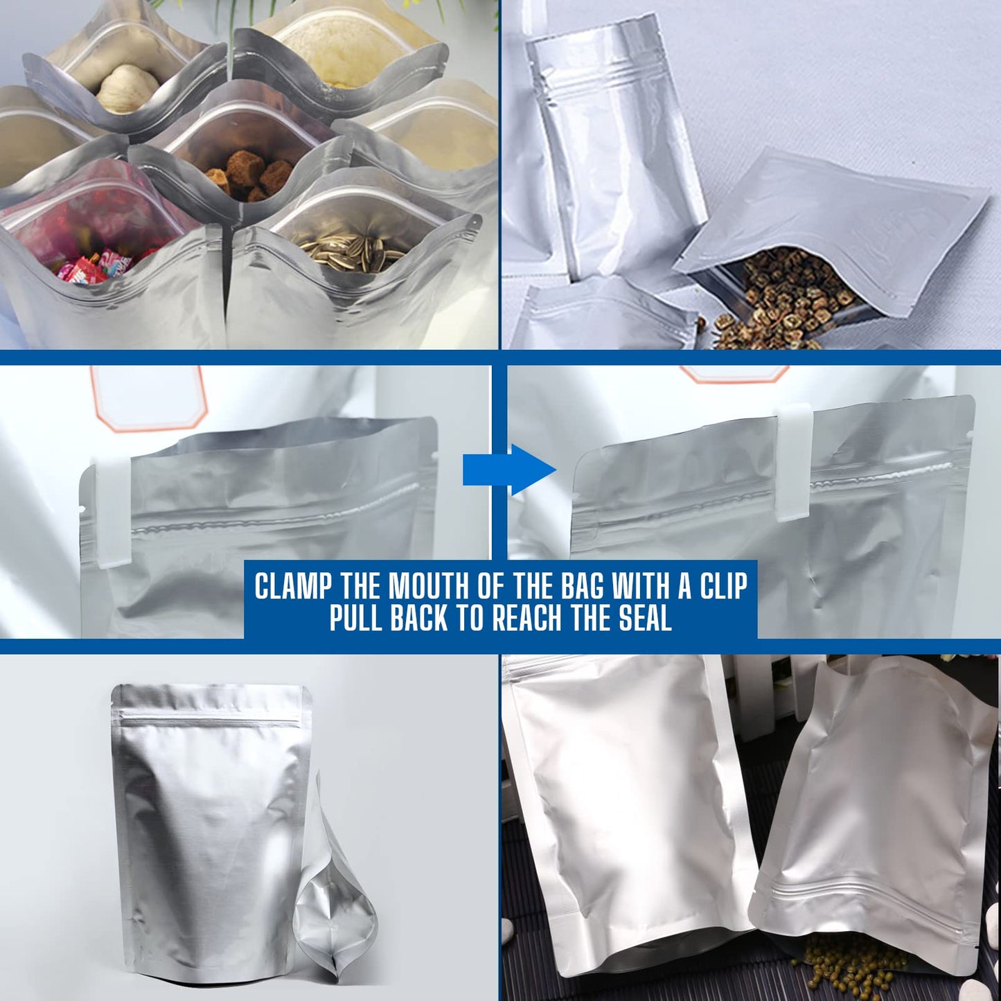 100 Pack Mylar Bags for Food Storage with 100x300cc Oxygen Absorbers - 9 Mil 10"x14", 9Mil 6"x9", 9Mil 4.3"x6.3" - Resealable Bags for Packaging Products & Ziplock Food Grade Bag for Storage