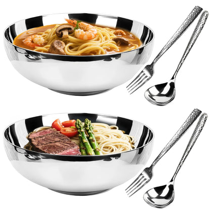 LANGMINGDE 6-Piece 304 Stainless Steel Pasta Bowl Set, 47 Fl Oz (8.7 Inches), Double-Layer Insulated And Heat-Resistant, Salad Bowl, Chilled Bowl, Ice Cream Bowl, Party Sauce Seasoning, Dining Bowl.