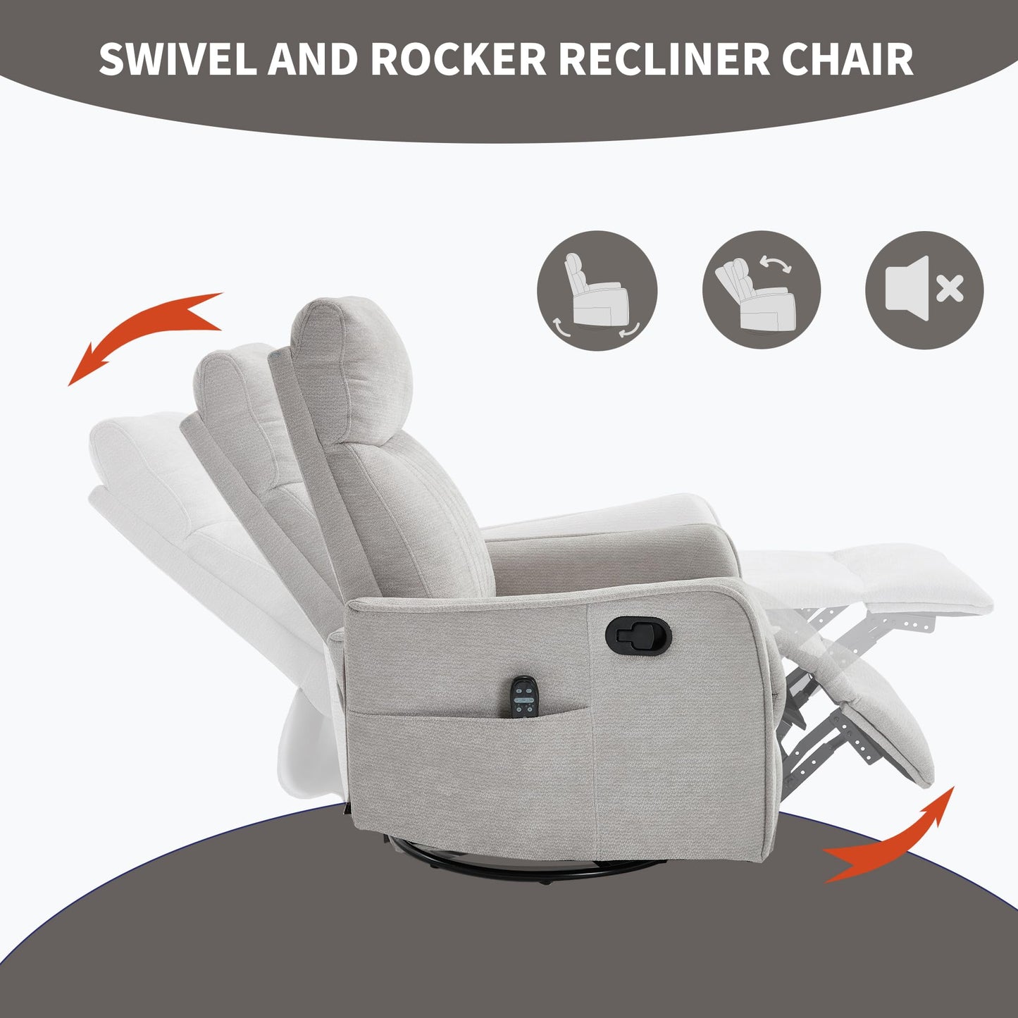 KEIKI 4-in-1 Manual Swivel Rocker Recliner Chair for Living Room, Chenille Nursery Glider Rocking Chairs with Back Massager & Heat, Comfortable Reading Chair Modern Bedroom Furniture, Light Grey